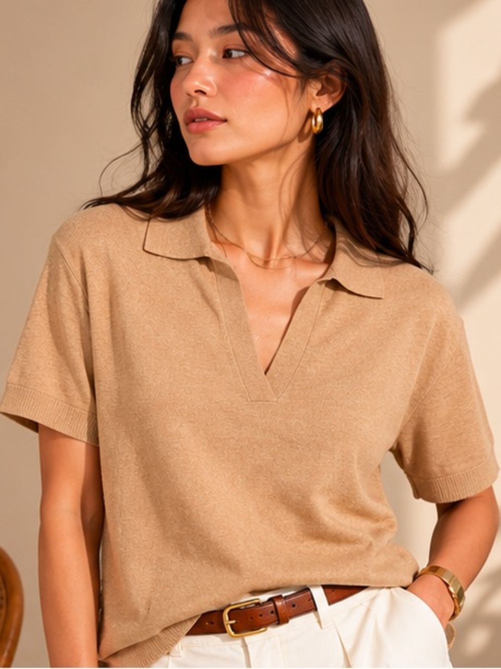 J.Crew Tan Knit Polo Sweater Top Neutral Quiet Luxury Large